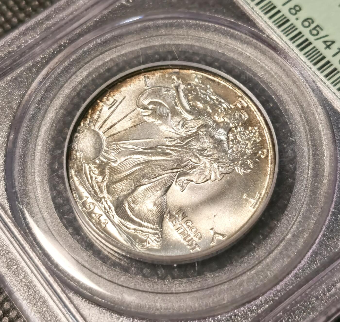  甄臻铺-世界币章拍卖（第25期），送拍享返佣金等优惠多多 PCGS-MS65 美国1943年行走女神50美分，双面月牙包浆，老绿盒子严评，少见高分