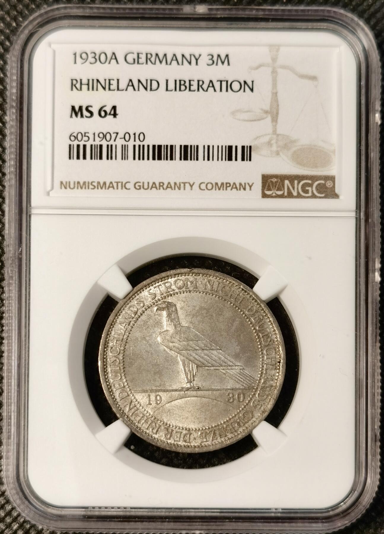 甄臻铺-世界币章拍卖（第25期），送拍享返佣金等优惠多多 NGC-MS64 德国魏玛 1930年 A版 莱茵解放3马克  银币 原味包浆 HA-MS64分拍卖价格在1200元！高分难得
