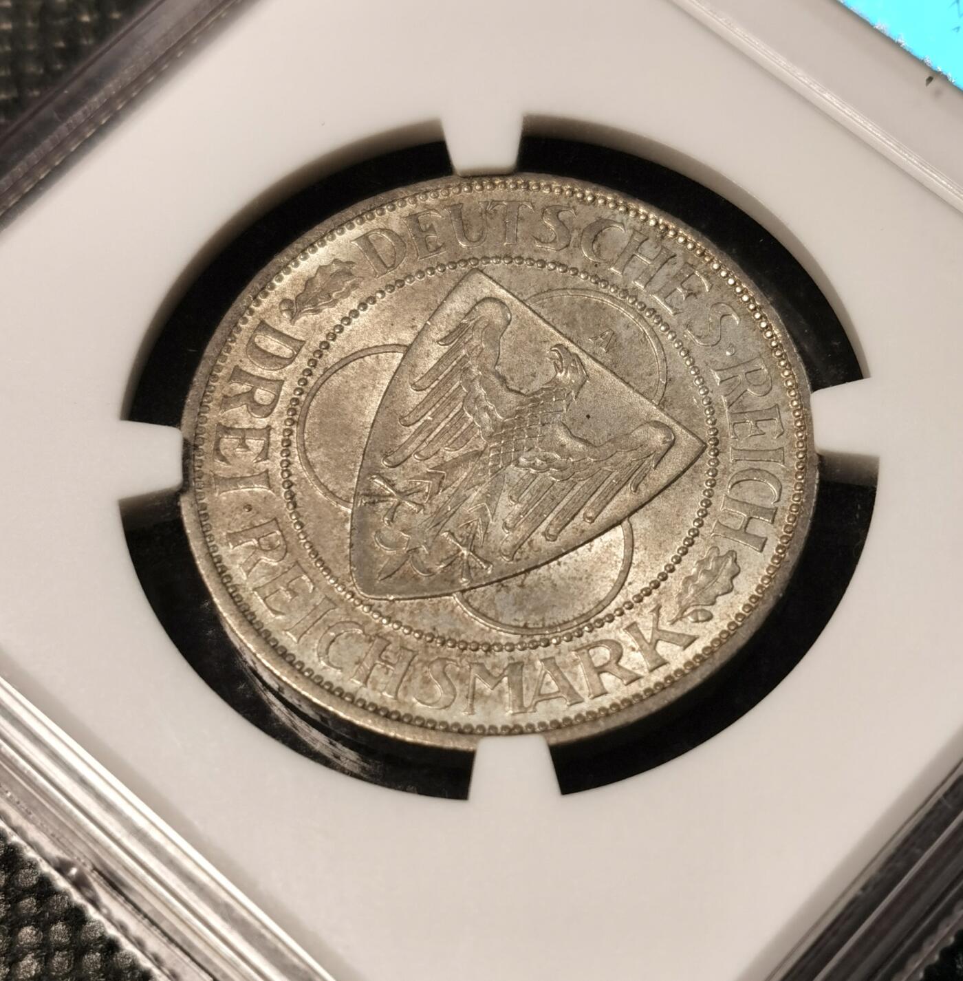  甄臻铺-世界币章拍卖（第25期），送拍享返佣金等优惠多多 NGC-MS64 德国魏玛 1930年 A版 莱茵解放3马克  银币 原味包浆 HA-MS64分拍卖价格在1200元！高分难得