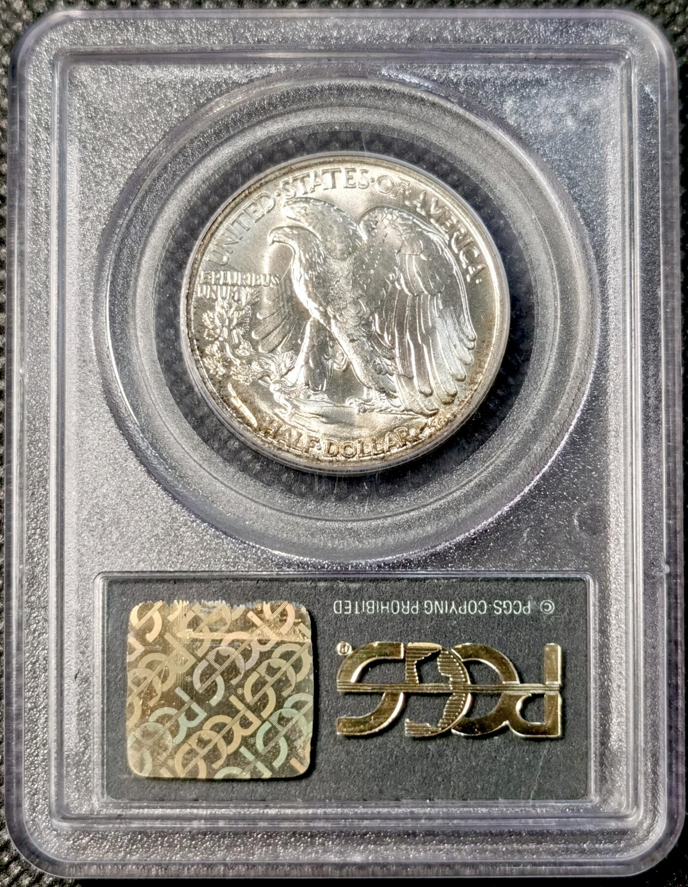  甄臻铺-世界币章拍卖（第25期），送拍享返佣金等优惠多多 PCGS-MS65 美国1943年行走女神50美分，双面月牙包浆，老绿盒子严评，少见高分