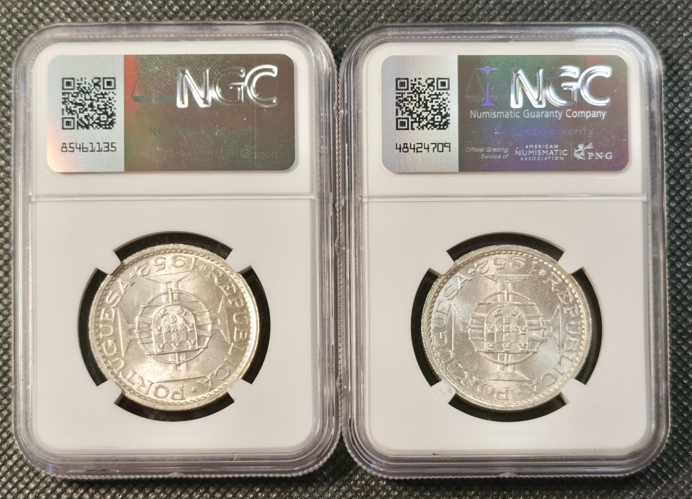  甄臻铺-世界币章拍卖（第25期），送拍享返佣金等优惠多多 NGC-MS65 澳门1952年5元，高分卷拆，两枚一组