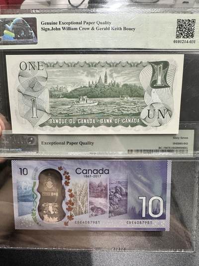 《外钞收藏家》第五百四十七期（本期稀少裸币、刀币、精品评级）（本平台长期征集拍品、欢迎藏友们联系合作） 1973年加拿大1元 TQG评级66+2017年加拿大10元 PMG67