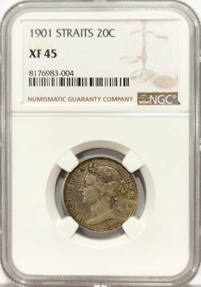 博洋堂世界钱币拍卖第131期（全场包邮） - NGC XF45 海峡殖民地1901年维多利亚20分银币