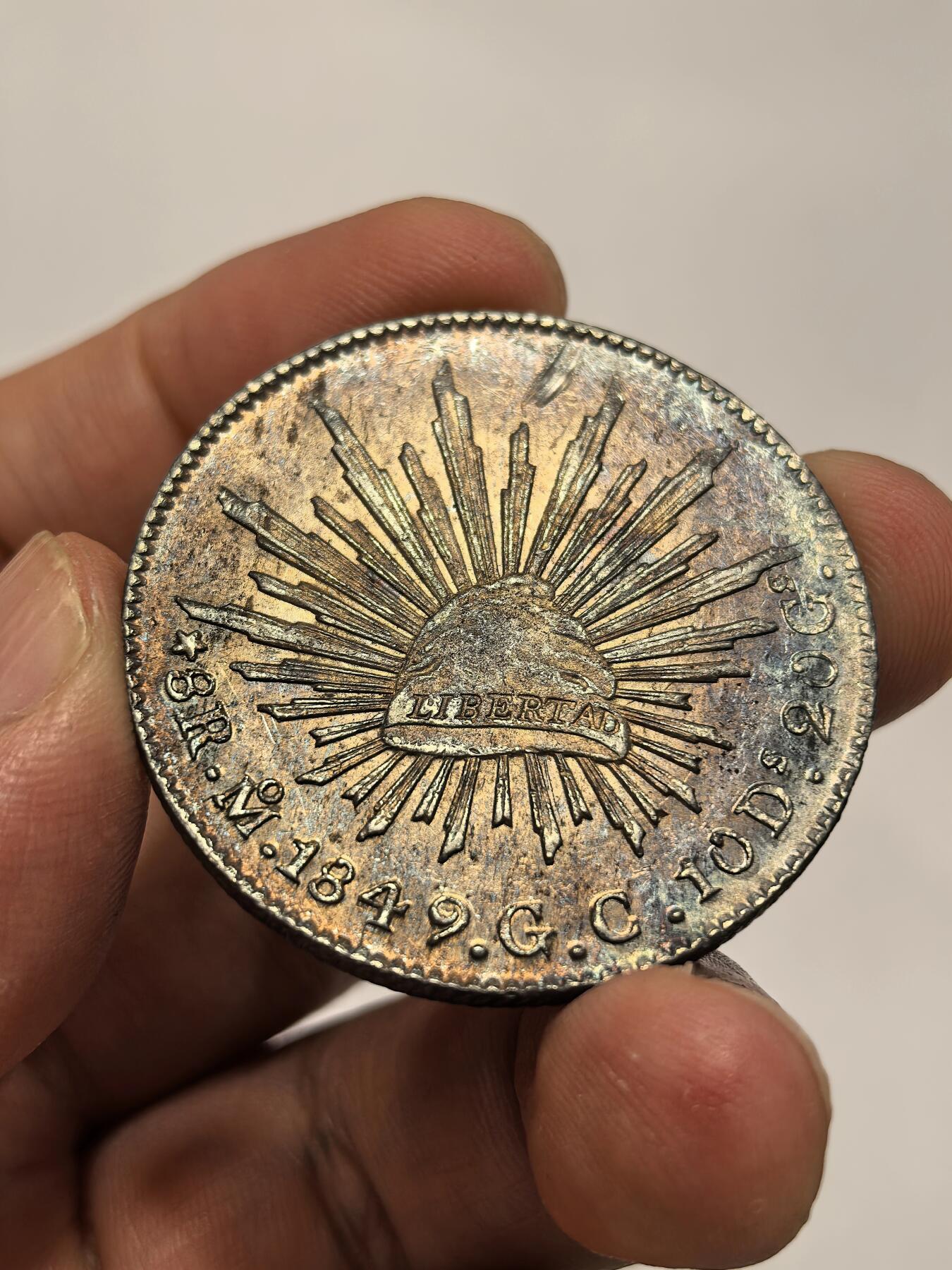 博洋堂世界钱币拍卖第131期（全场包邮） 墨西哥花边鹰洋 MO1849 8里亚尔 金黄色底包浆 有个猫抓痕 不然妥妥高分 漂亮至极