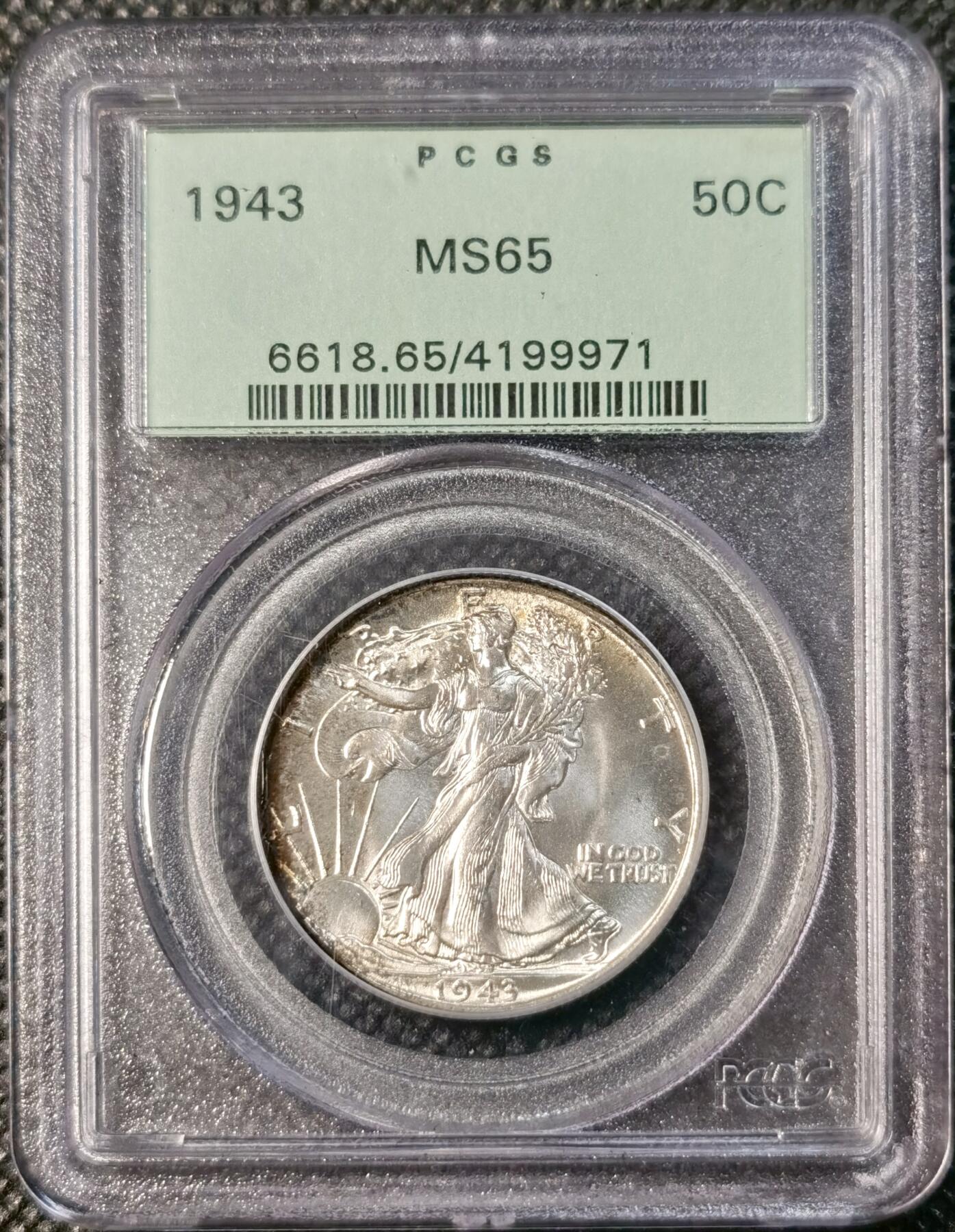  甄臻铺-世界币章拍卖（第25期），送拍享返佣金等优惠多多 PCGS-MS65 美国1943年行走女神50美分，双面月牙包浆，老绿盒子严评，少见高分