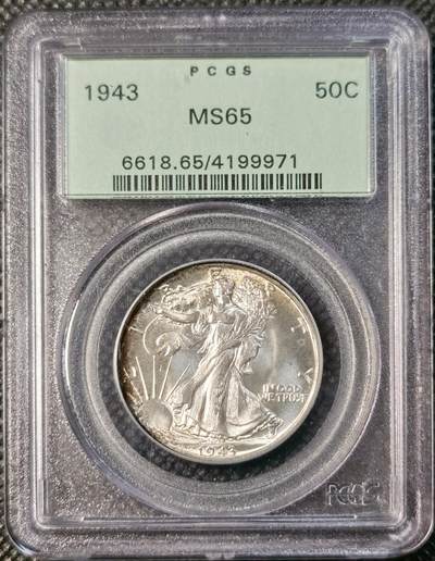  甄臻铺-世界币章拍卖（第25期），送拍享返佣金等优惠多多 - PCGS-MS65 美国1943年行走女神50美分，双面月牙包浆，老绿盒子严评，少见高分
