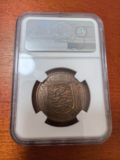 长老汇蛇年精选第二十三场拍卖 1933泽西乔治五世1/12先令铜币，NGC AU55BN，透打背逆