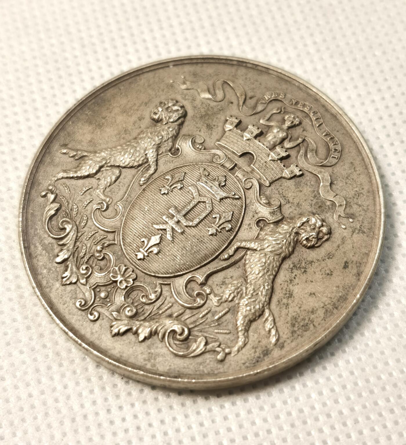  甄臻铺-世界币章拍卖（第25期），送拍享返佣金等优惠多多 法国佩罗讷储蓄银行银章，直径45.2毫米，重50.8克。正面刻有双狮纹章和百合花图案，背面环绕橄榄枝花环装饰，中间刻有