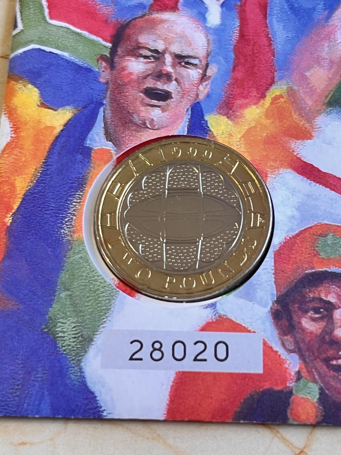 第166期拍卖【长期征集拍品】 卡装英国1999年橄榄球世界杯2英镑双色镀金纪念币