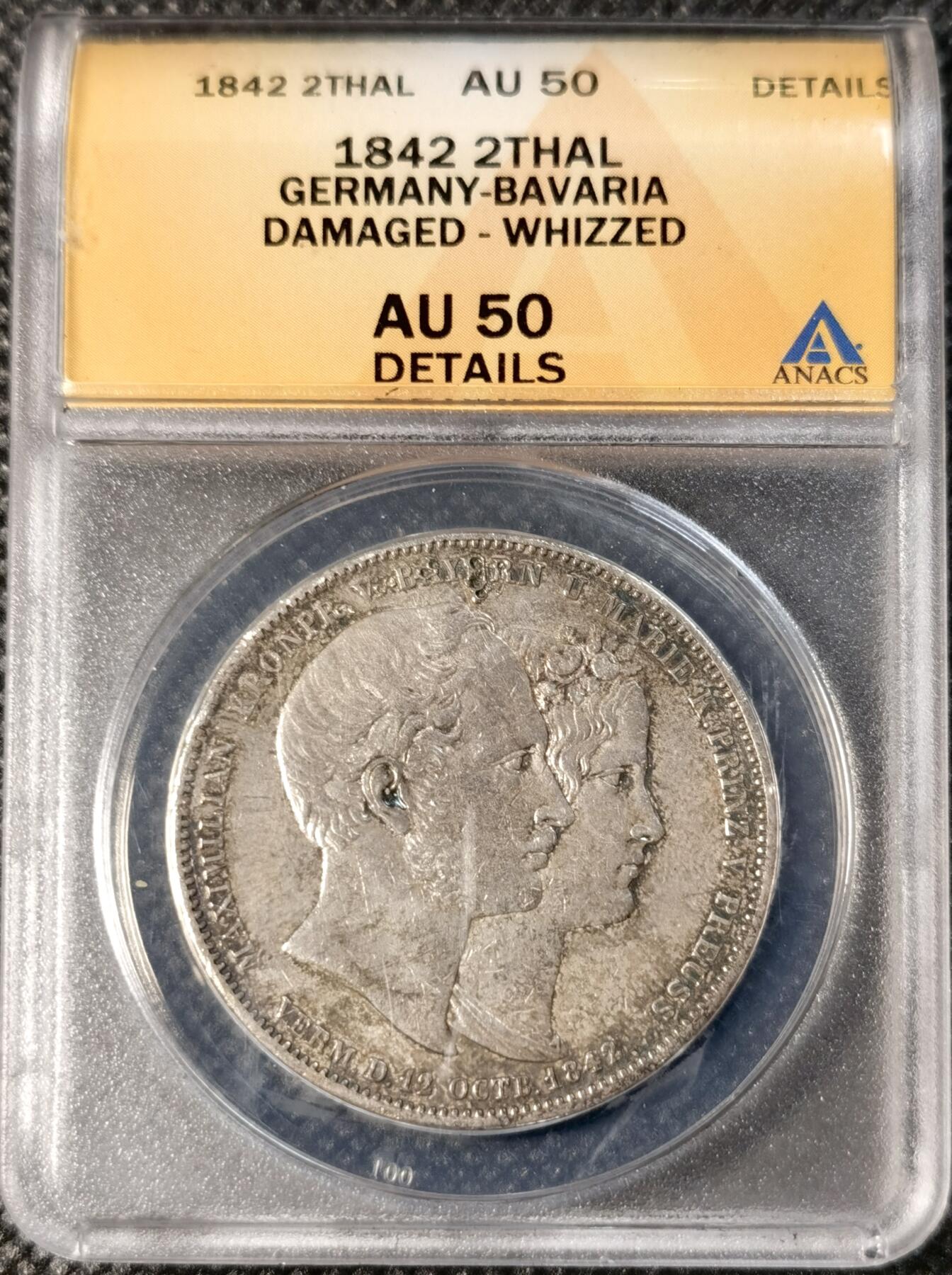  甄臻铺-世界币章拍卖（第25期），送拍享返佣金等优惠多多 ANACS-AU50 1842年巴伐利亚马克西米利安王储大婚纪念2泰勒，墨绿色炫彩透出幽静的感觉，老黄盒子