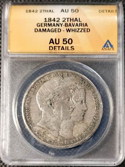  甄臻铺-世界币章拍卖（第25期），送拍享返佣金等优惠多多 - ANACS-AU50 1842年巴伐利亚马克西米利安王储大婚纪念2泰勒，墨绿色炫彩透出幽静的感觉，老黄盒子