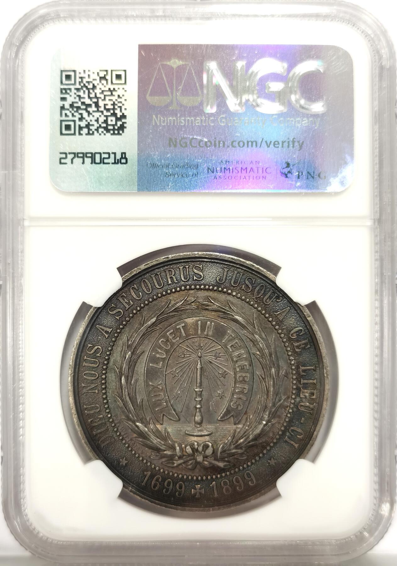 博洋堂世界钱币拍卖第131期（全场包邮） NGC MS62 唯一记录和冠军分1899年黑森和莱茵河大公国建立瓦尔登斯贝格村200周年纪念镀银大铜章。个人看是银章，NGC 标的铜章，实物没有任何铜镀银的状态样貌！