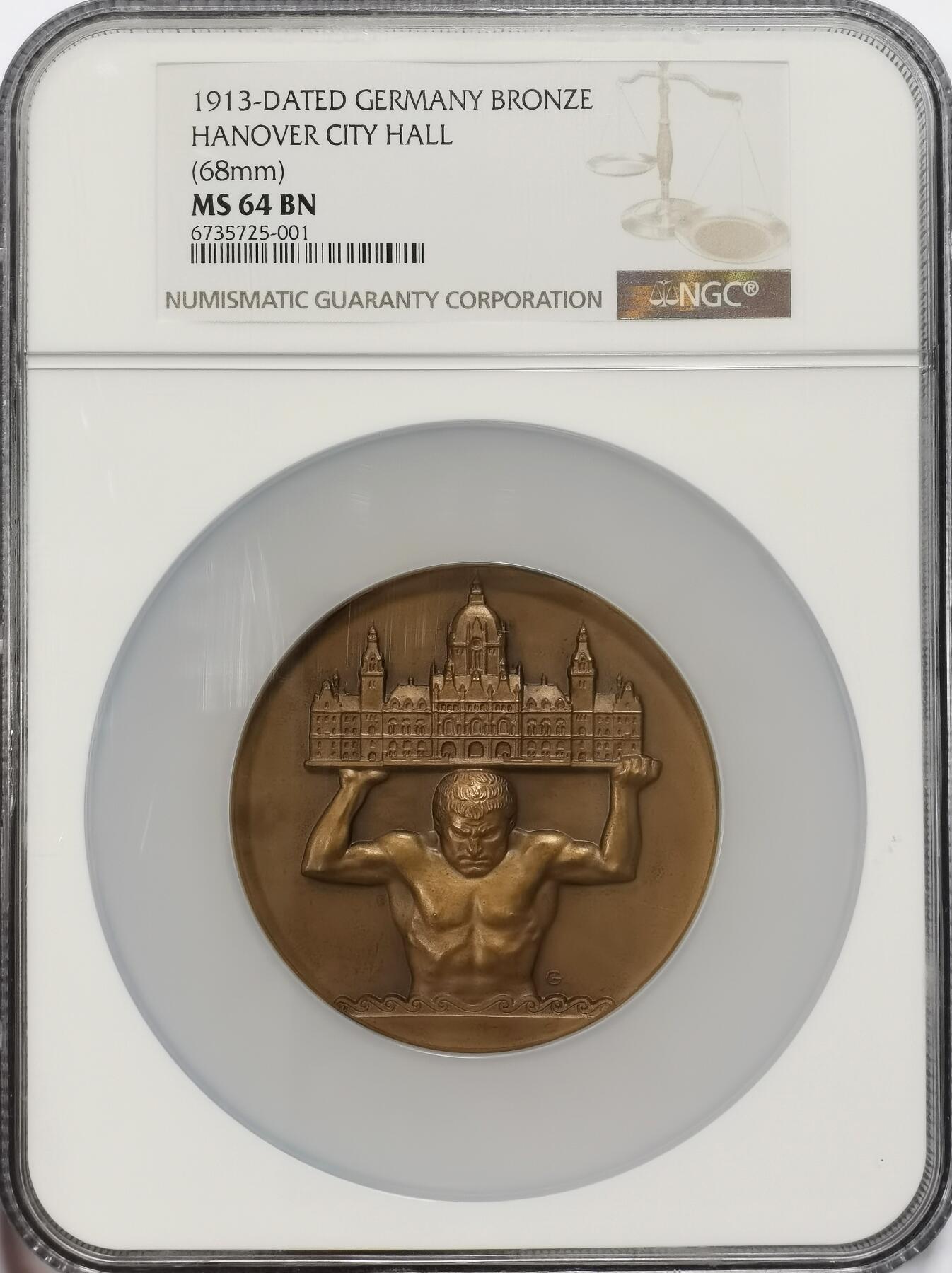 博洋堂世界钱币拍卖第131期（全场包邮） NGC MS64 唯一冠军！1913年海瑞温斯顿市政厅大楼建造纪念，德国大力神托举的这幢大楼至今依然矗立在那里！