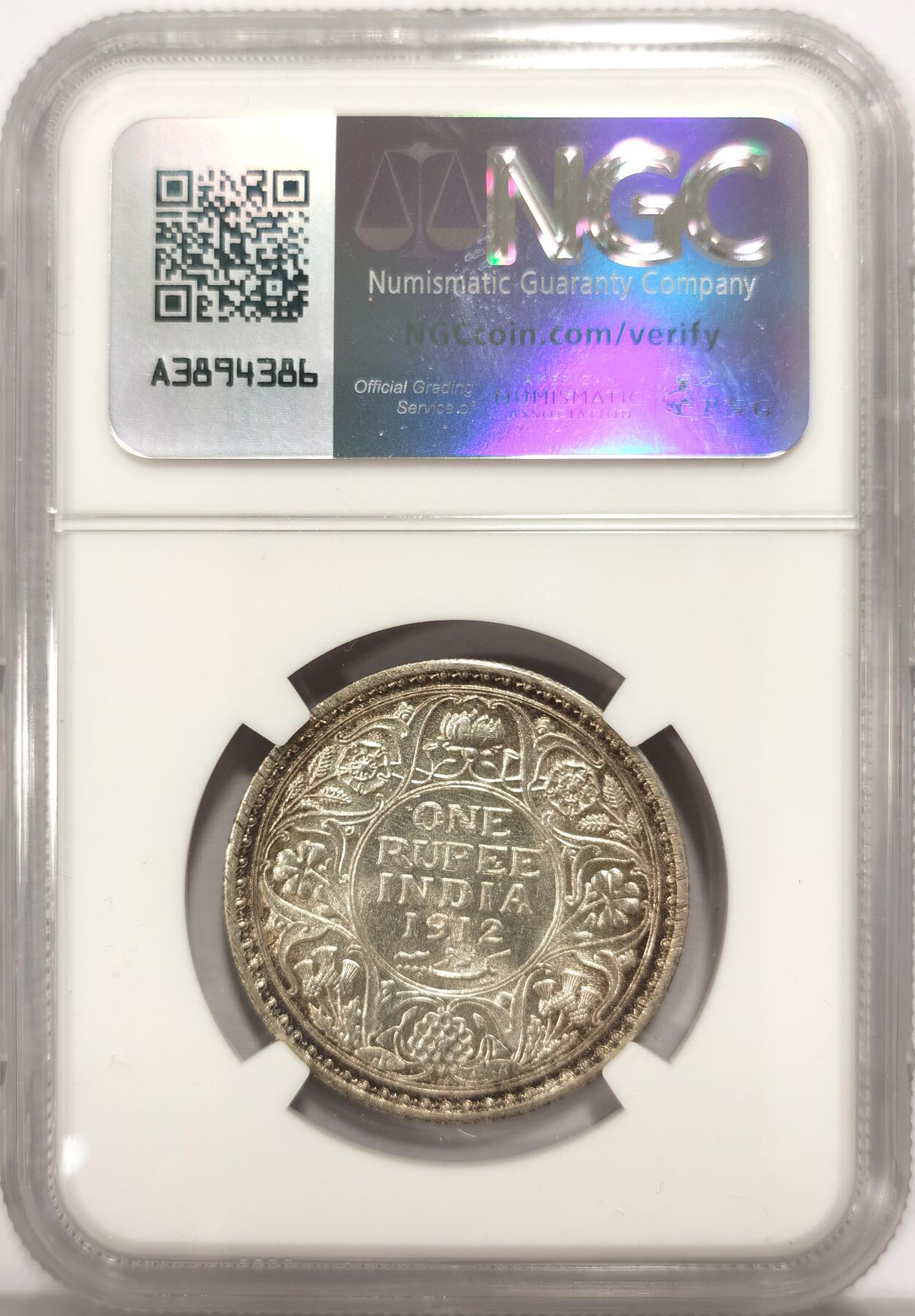 博洋堂世界钱币拍卖第131期（全场包邮） NGC MS64 英属印度1912年C版乔治五世1卢比银币