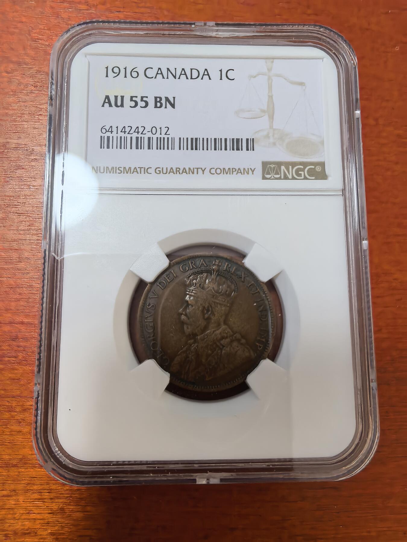 长老汇蛇年精选第二十三场拍卖 1916 加拿大乔治五世1分铜币，NGC AU55BN