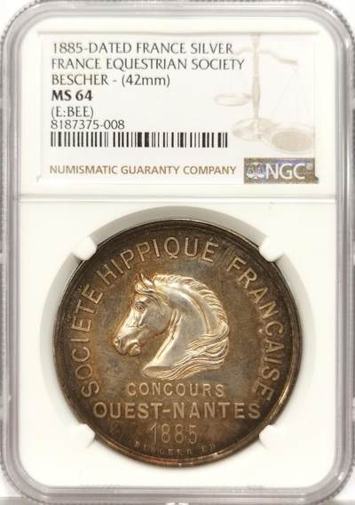 博洋堂世界钱币拍卖第131期（全场包邮） - NGC MS64 冠军分！法国1885年赛马协会纪念原铸42mm大银章！蜜蜂边铭！超高浮雕，马头威武霸气，早期精品！