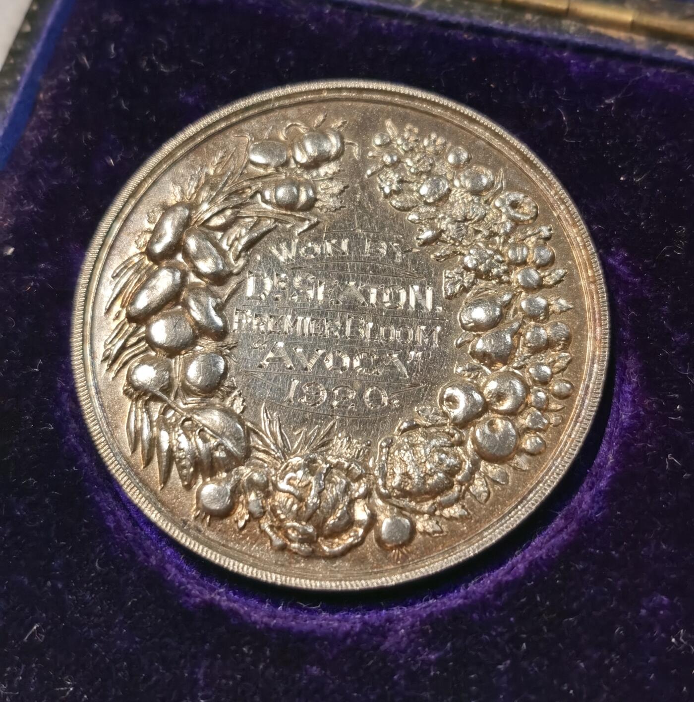  甄臻铺-世界币章拍卖（第25期），送拍享返佣金等优惠多多 1920年英国南安普敦皇家园艺学会颁发的银质奖章，直径39毫米，重25.4克，无银标但测试为925银以上。表面有自然彩色包浆，带原盒，内衬丝绒。