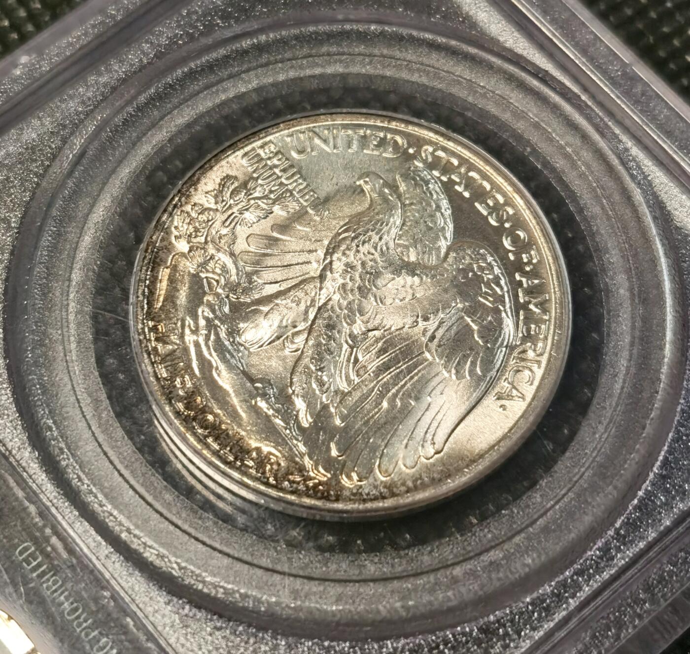  甄臻铺-世界币章拍卖（第25期），送拍享返佣金等优惠多多 PCGS-MS65 美国1943年行走女神50美分，双面月牙包浆，老绿盒子严评，少见高分