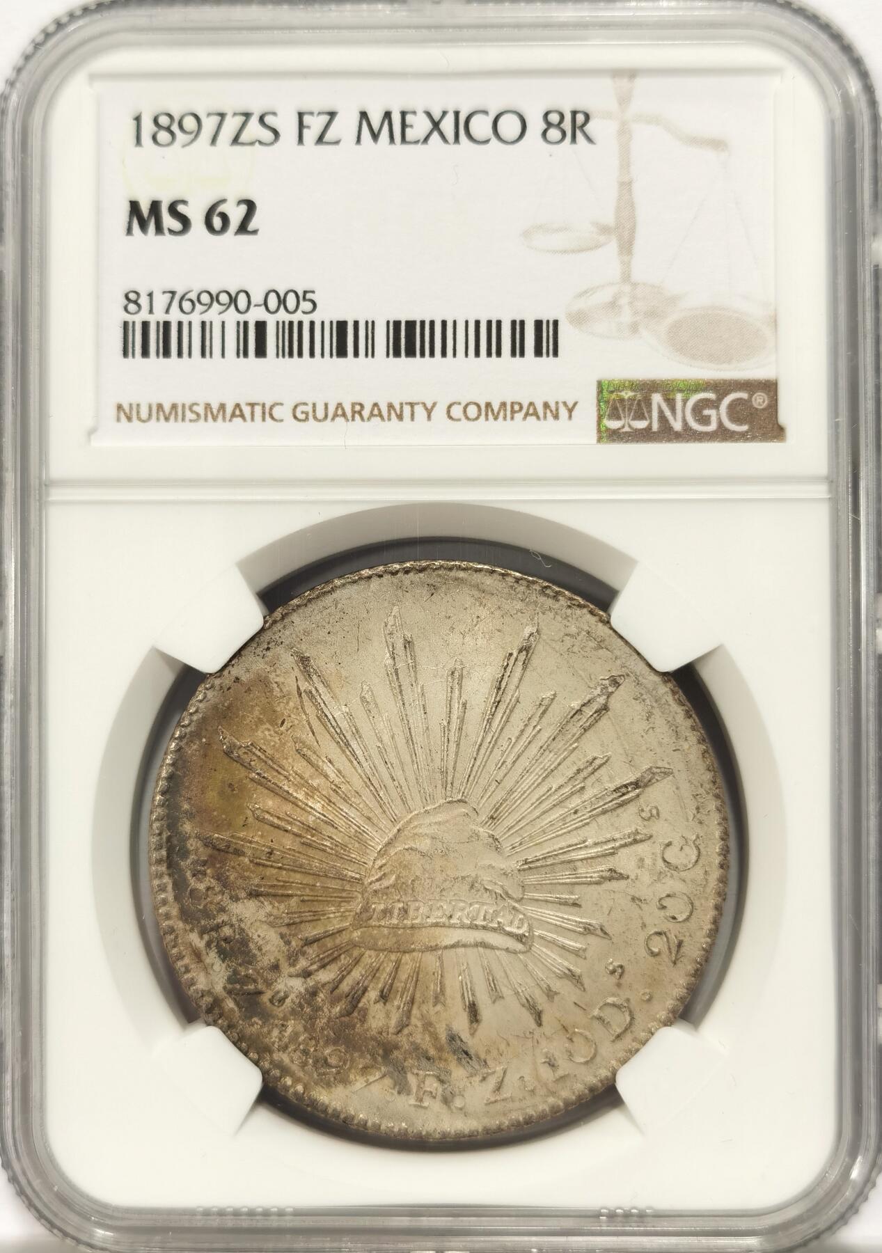 博洋堂世界钱币拍卖第131期（全场包邮） NGC MS62 墨西哥1897年ZS FZ版花边鹰洋，关门年份，原味窖藏彩，目前价值洼地