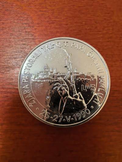 长老汇蛇年精选第二十三场拍卖 1990马耳他教皇访问5里拉精制银币，28.60克925银