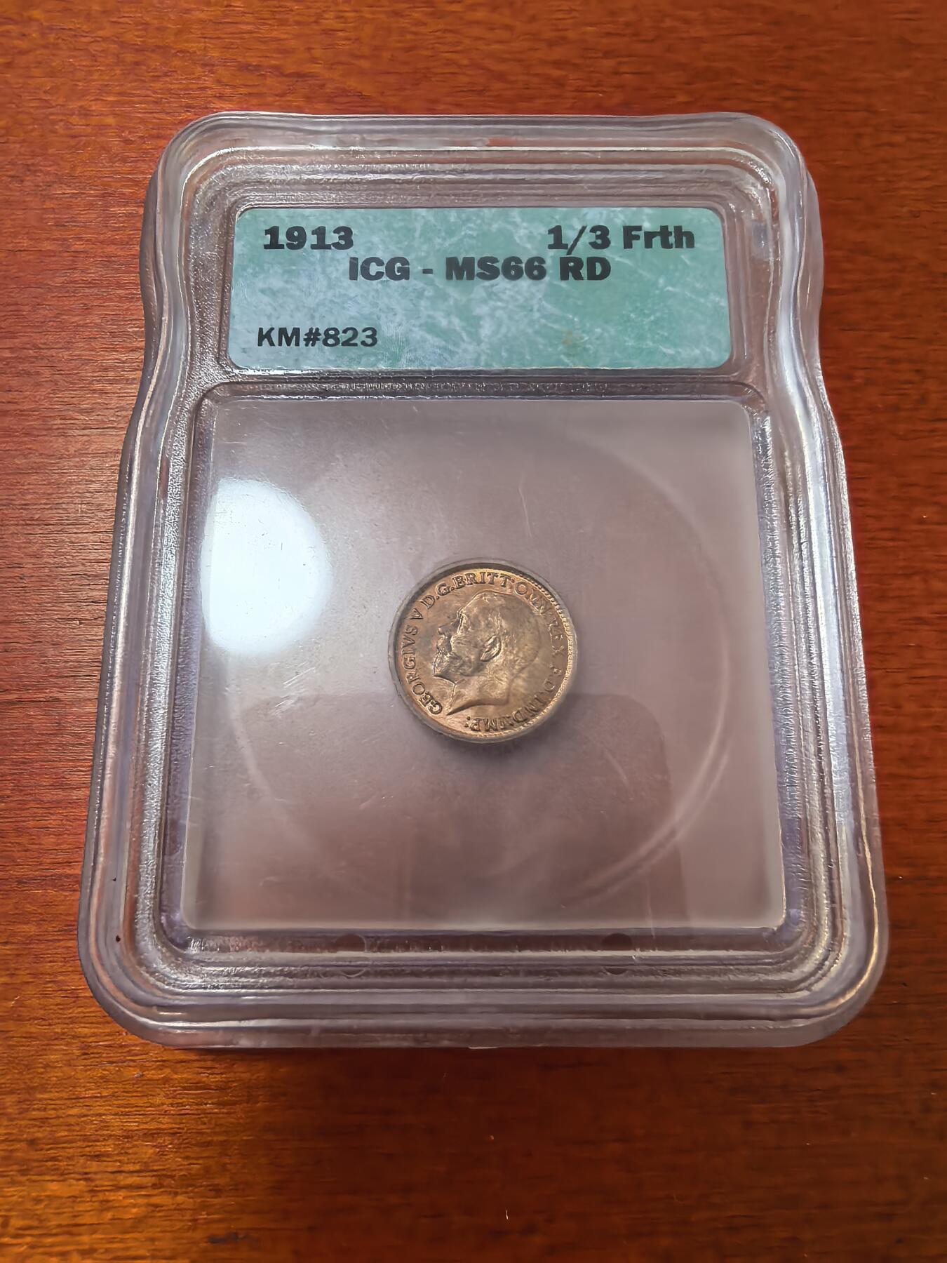 长老汇蛇年精选第二十三场拍卖 1913英国乔治五世1/3法新铜币，ICG MS66RD（ICG=独立钱币评级公司）