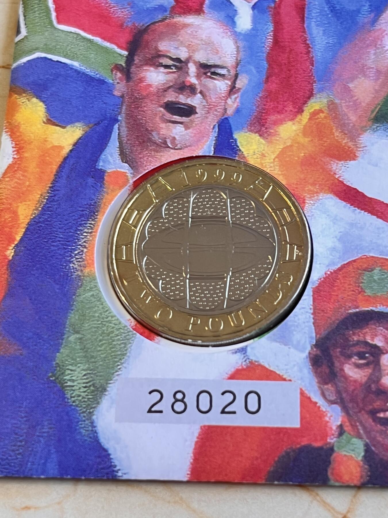 第166期拍卖【长期征集拍品】 卡装英国1999年橄榄球世界杯2英镑双色镀金纪念币