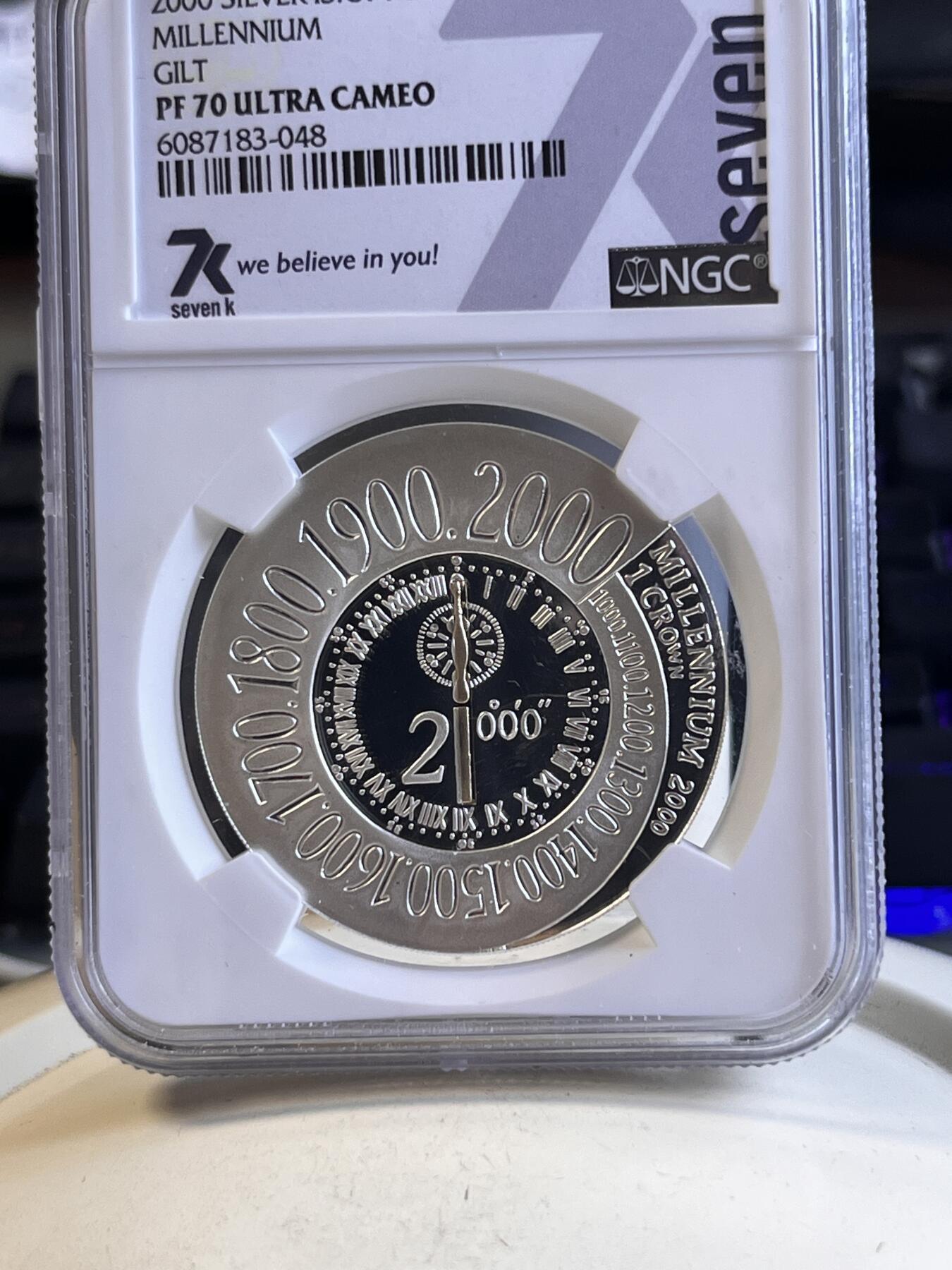 第166期拍卖【长期征集拍品】 英属马恩岛2000年千禧年系列时钟镀铜银币NGC-PF70无盒无证书，925银，28.28克
