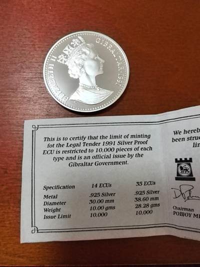 长老汇蛇年精选第二十三场拍卖 1991直布罗陀25镑/35埃居双币值精制银币，盒证全，1万枚