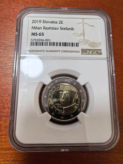 长老汇马年精选第三场拍卖 - 2019斯洛伐克斯特凡尼克逝世百周年2欧元双金属币，NGC MS65，唯一冠军