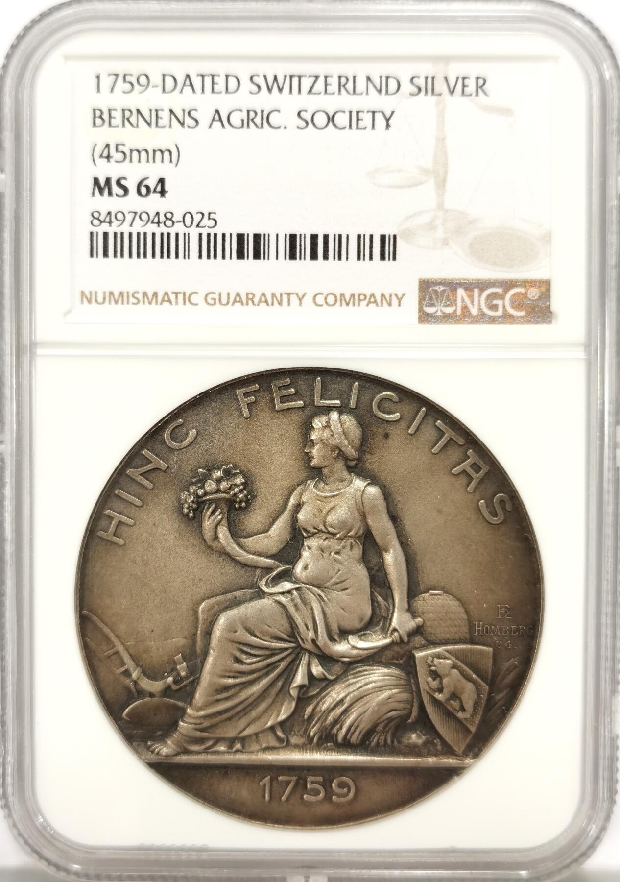 博洋堂世界钱币拍卖第131期（全场包邮） NGC MS64 瑞士伯尔尼1759年经济协会大银章，45mm算是当时的超大尺寸了，重36。6克，女神形态写实而唯美！