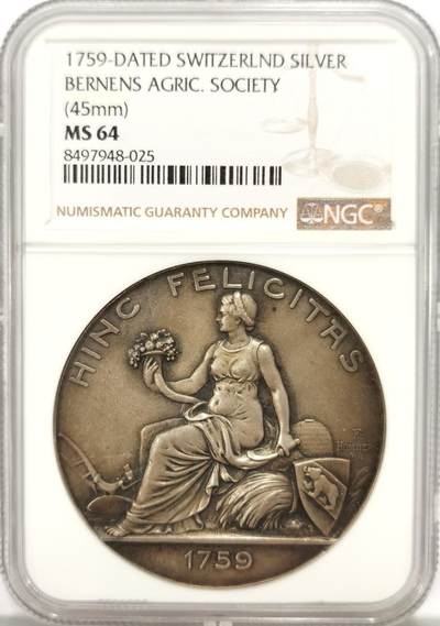 博洋堂世界钱币拍卖第131期（全场包邮） - NGC MS64 瑞士伯尔尼1759年经济协会大银章，45mm算是当时的超大尺寸了，重36。6克，女神形态写实而唯美！