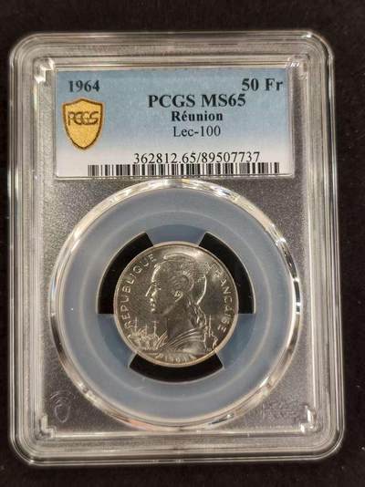 G&W世界散币，银币处理专场（第24场） - PCGS-MS65  留尼旺1964年50法郎
