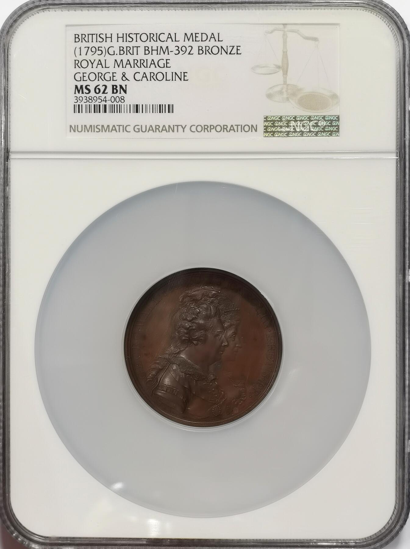 博洋堂世界钱币拍卖第131期（全场包邮） NGC MS62 大英帝国1795年乔治和卡洛琳双头像结婚纪念巨大铜章，比大英著名的车轮币还要早两年的工业革命极品机制古老币章！