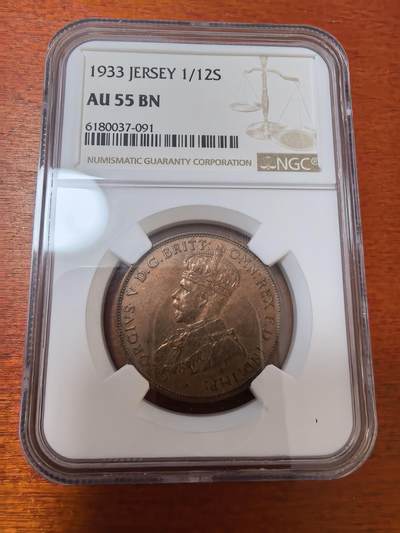 长老汇蛇年精选第二十三场拍卖 - 1933泽西乔治五世1/12先令铜币，NGC AU55BN，透打背逆