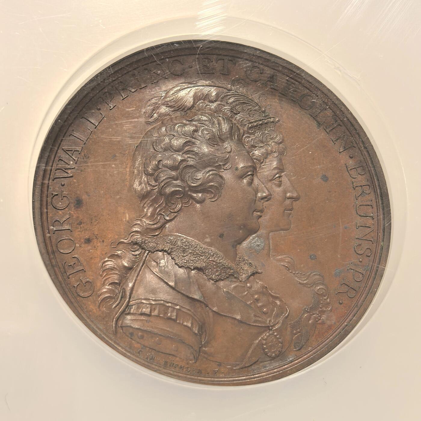 博洋堂世界钱币拍卖第131期（全场包邮） NGC MS62 大英帝国1795年乔治和卡洛琳双头像结婚纪念巨大铜章，比大英著名的车轮币还要早两年的工业革命极品机制古老币章！