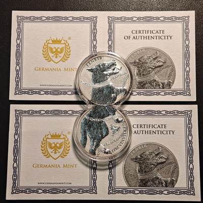 【德藏】世界币章拍卖第138期（拍品征集中~欢迎藏友联系） - 2022年 日耳曼尼亚造币厂北欧神话巨狼芬里尔5马克银币 双币套装 直径38.61mm 重量1盎司 成色999银 原证书