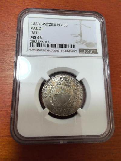 长老汇马年精选第十二场拍卖 - 1828 瑞士 "VAUD ""BEL"" 5巴赞银币，NGC MS63分，更高分仅有15枚，官网参考价325美金