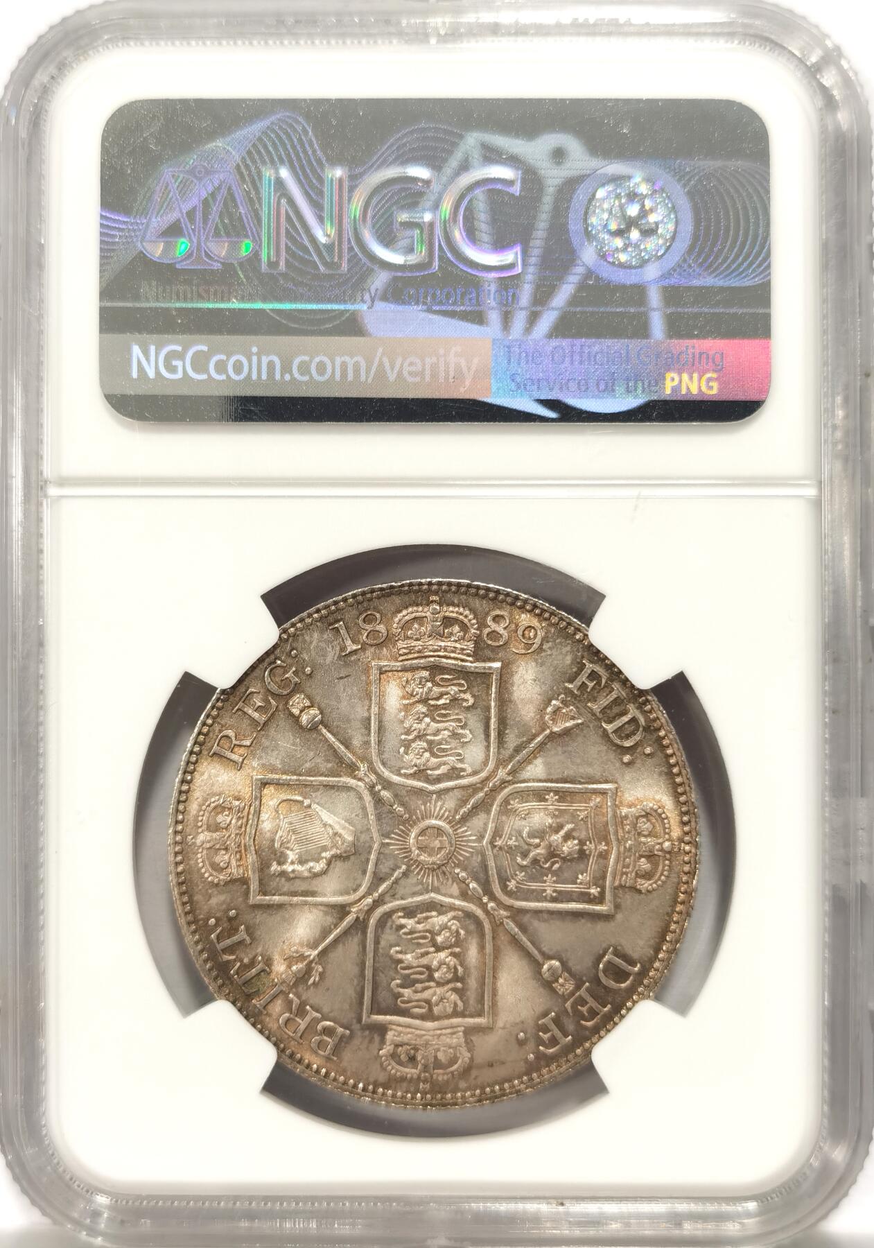 博洋堂世界钱币拍卖第131期（全场包邮） NGC MS63 1889年英国维多利亚双福大银币，稀少年份，数量远少于1887年，包浆光度都一流