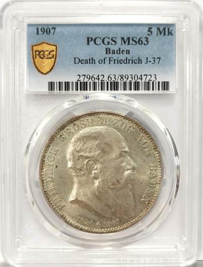 博洋堂世界钱币拍卖第131期（全场包邮） - PCGS MS63 德国巴登1907年弗里德里希大公逝世5马克银币，高分不多见！