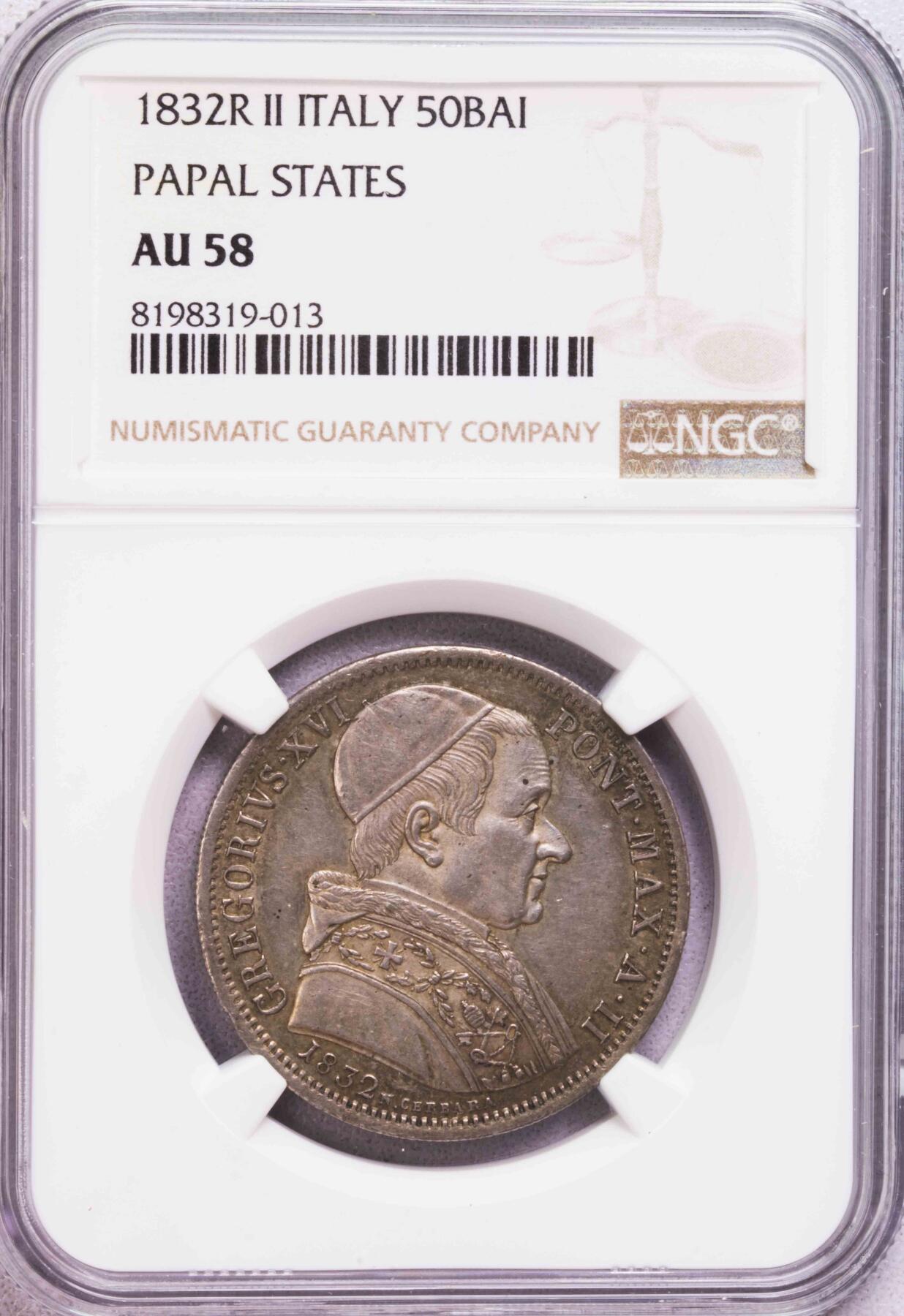 NGC-AU58 1832教皇国格里高利16世50皮阿斯特银币