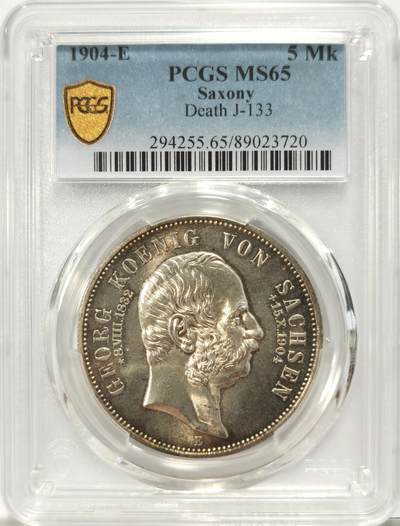 博洋堂世界钱币拍卖第131期（全场包邮） - PCGS MS65 德国萨克森1904年乔治国王逝世5马克银币，粉光 ！
