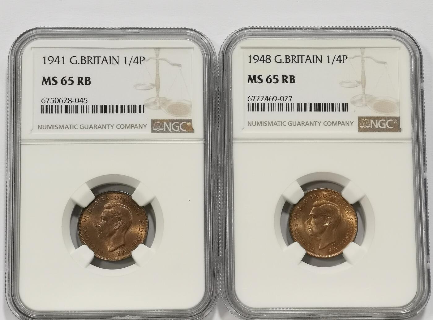 博洋堂世界钱币拍卖第131期（全场包邮） NGC MS65RB 英国1941、1948年乔治六世1/4便士铜币2枚一对