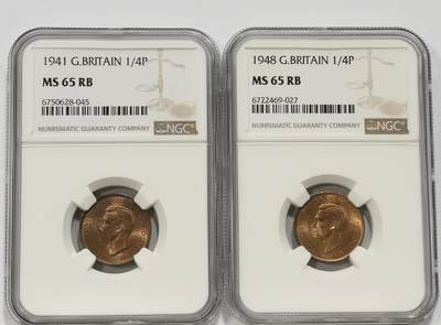 博洋堂世界钱币拍卖第131期（全场包邮） - NGC MS65RB 英国1941、1948年乔治六世1/4便士铜币2枚一对