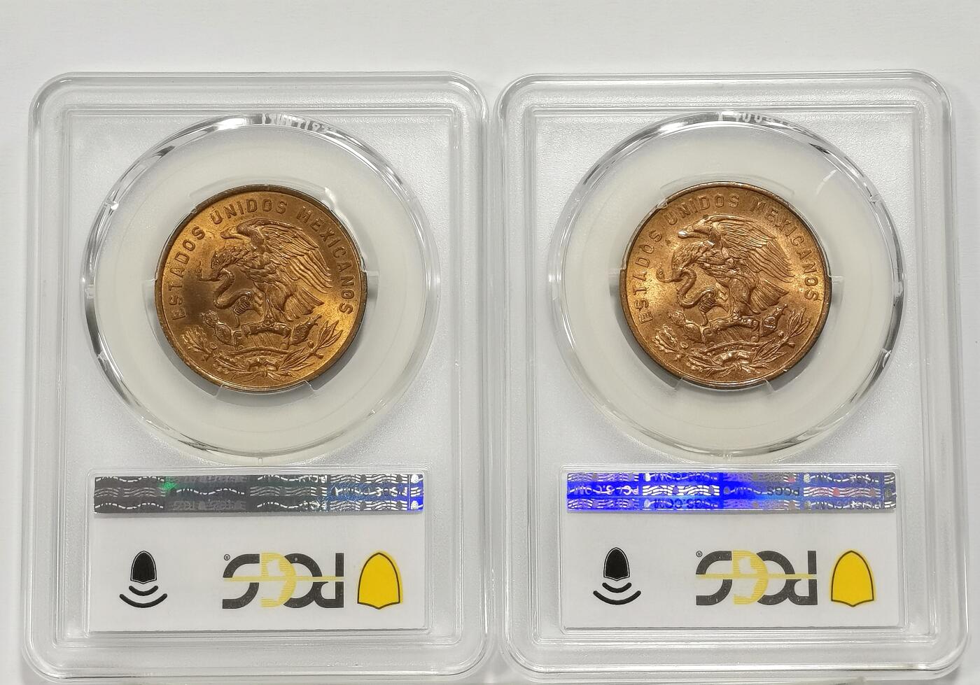 博洋堂世界钱币拍卖第131期（全场包邮） PCGS MS65RD 墨西哥1970、1971年20分鹰洋铜币2枚一对，高分RD少见