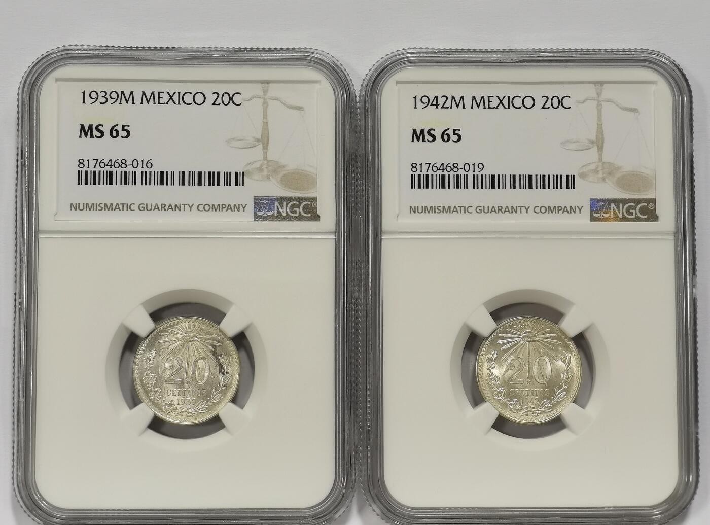 博洋堂世界钱币拍卖第131期（全场包邮） NGC MS65 墨西哥1939、1942年鹰洋20分银币2枚一对，高分！