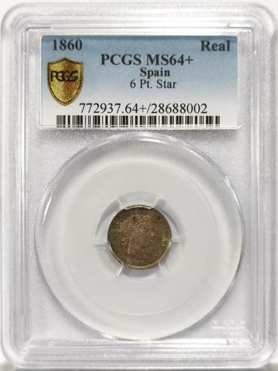 博洋堂世界钱币拍卖第131期（全场包邮） - PCGS MS64+ 1860年西班牙伊莎贝拉二世1里亚尔银币 PCGS唯一冠军分数。马德里厂出品，五彩欧洲包浆视觉效果非常出众。猪头妹的高分辅币极其少见，因其辅币流通极为充分，每个年份MS级别的辅币均在个位数以内。类似年份的一枚64分1r银币SBP就有360美元成交，近年来西班牙早期高分涨势极其凶猛，值得藏家重点关注