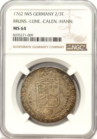 博洋堂世界钱币拍卖第131期（全场包邮） - NGC MS64 德国汉诺威1762年2/3泰勒银币，淡金包浆，少见的高分！