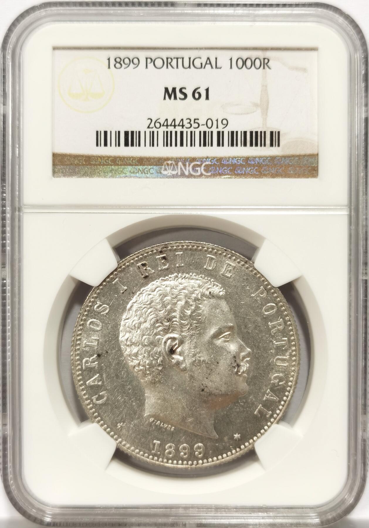 博洋堂世界钱币拍卖第131期（全场包邮） NGC MS61 1899年葡萄牙1000R银币。非常少见的十九世纪末葡萄牙高分主币，黄油包浆非常养眼，NGC老盒重评有机会加分。类似品相者麦稀奇基本在1200元左右