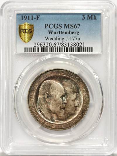 博洋堂世界钱币拍卖第131期（全场包邮） - PCGS MS67 1911年德国符腾堡金婚纪念3马克银币。梦幻五彩包浆，高分有如此包浆者极为难得。近两年外拍高分3马克涨势极为凶猛。此品种如此高分已有数年未见，值得藏家瞩目