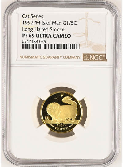 第166期拍卖【长期征集拍品】 - 马恩岛1997年猫咪精制金币NGC-PF69。含纯金6.22克。编号6747188-025 ，材料价4796元